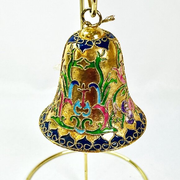 Cloisonne Vintage Bell Openwork Twisted Wire Enamel Navy Pink Brass Ornament - Picture 5 of 7
